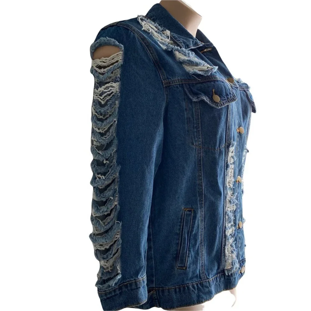Denimland Paris Collection Jean Jacket Women M Destroyed Rhinestones Embroidered - Picture 7 of 13